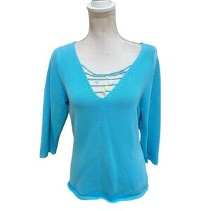 Spanner cotton blend aqua sweater v neck beads 3/4 sleeves size medium